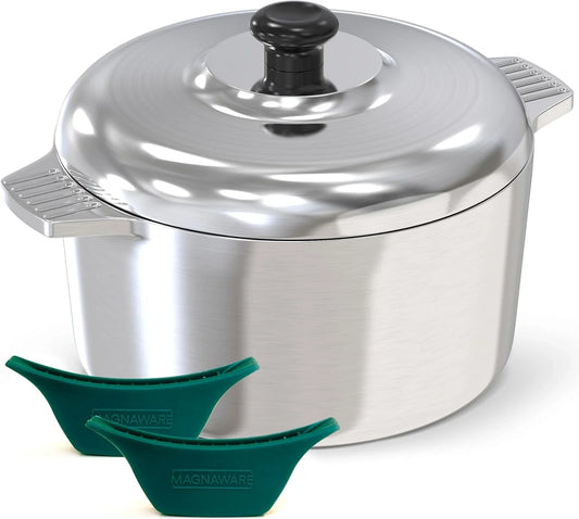 Cast Aluminum Dutch Oven with Lid - 5 Quart Lightweight Cookware Pot with Silicone Covers for Easy Handling - Even Heat Distribution & Retention - for Bread Baking, Stew, Simmering & More