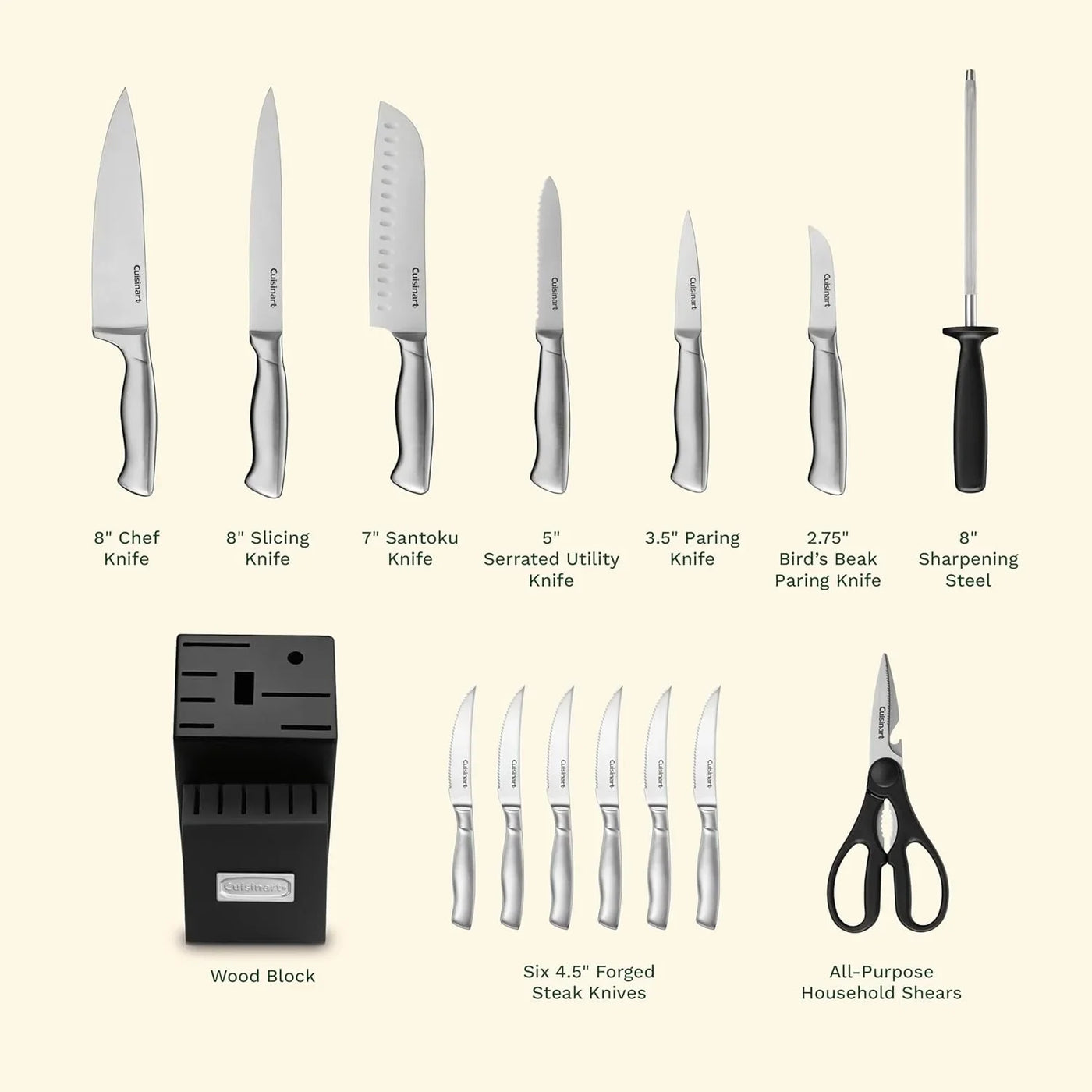 Stainless Steel Hollow Handle 15-Piece Cutlery Block Set, Kitchen Knife Set with Steel Blades for Precise Cutting, Durable Knives with Ergonomic Handles, C77SS-15PK