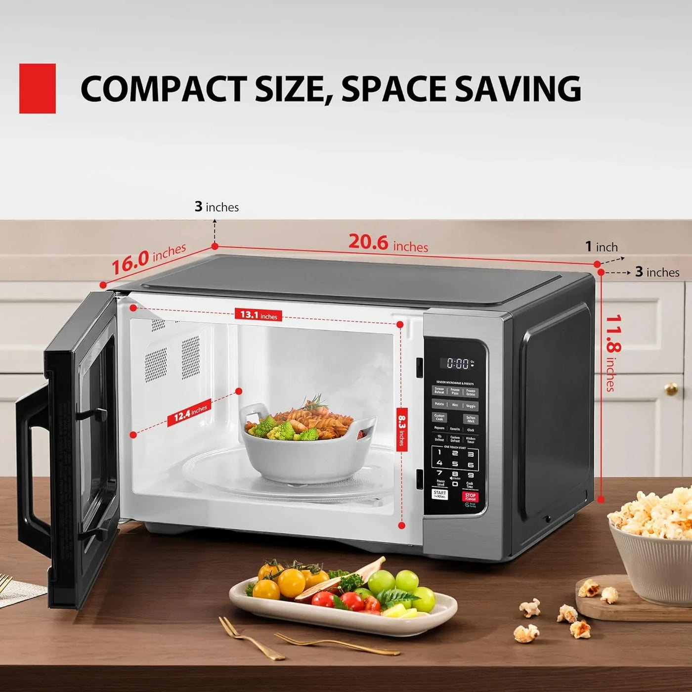 EM131A5C-SS Countertop Microwave Ovens 1.2 Cu Ft with 12.4" Removable Turntable Smart Humidity Sensor, 12 Auto Menus Mute Function ECO Mode Easy Clean Interior, 1000W, Silver