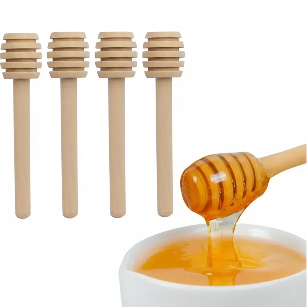 Wooden honey dipper drizzling golden honey into bowl, set of 4 kitchen tools for serving