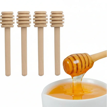 Wooden honey dipper drizzling golden honey into bowl, set of 4 kitchen tools for serving