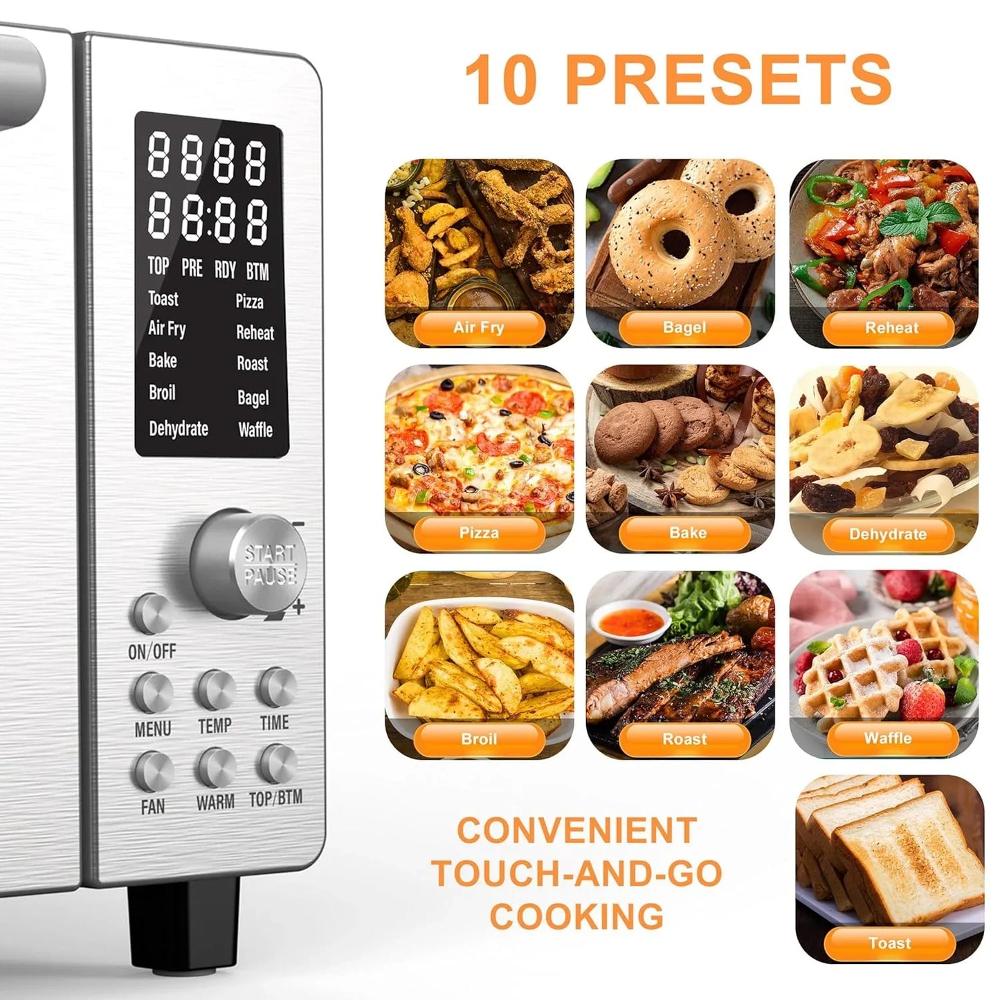 Bravo Air Fryer Toaster Smart Oven, 10-In-1 Countertop Convection, 1800 Watts, 21-Qt Capacity, 50°-450°F Temp Controls, Top and Bottom Heater Adjustments 0%-100%, PFAS Free, Stainless Steel