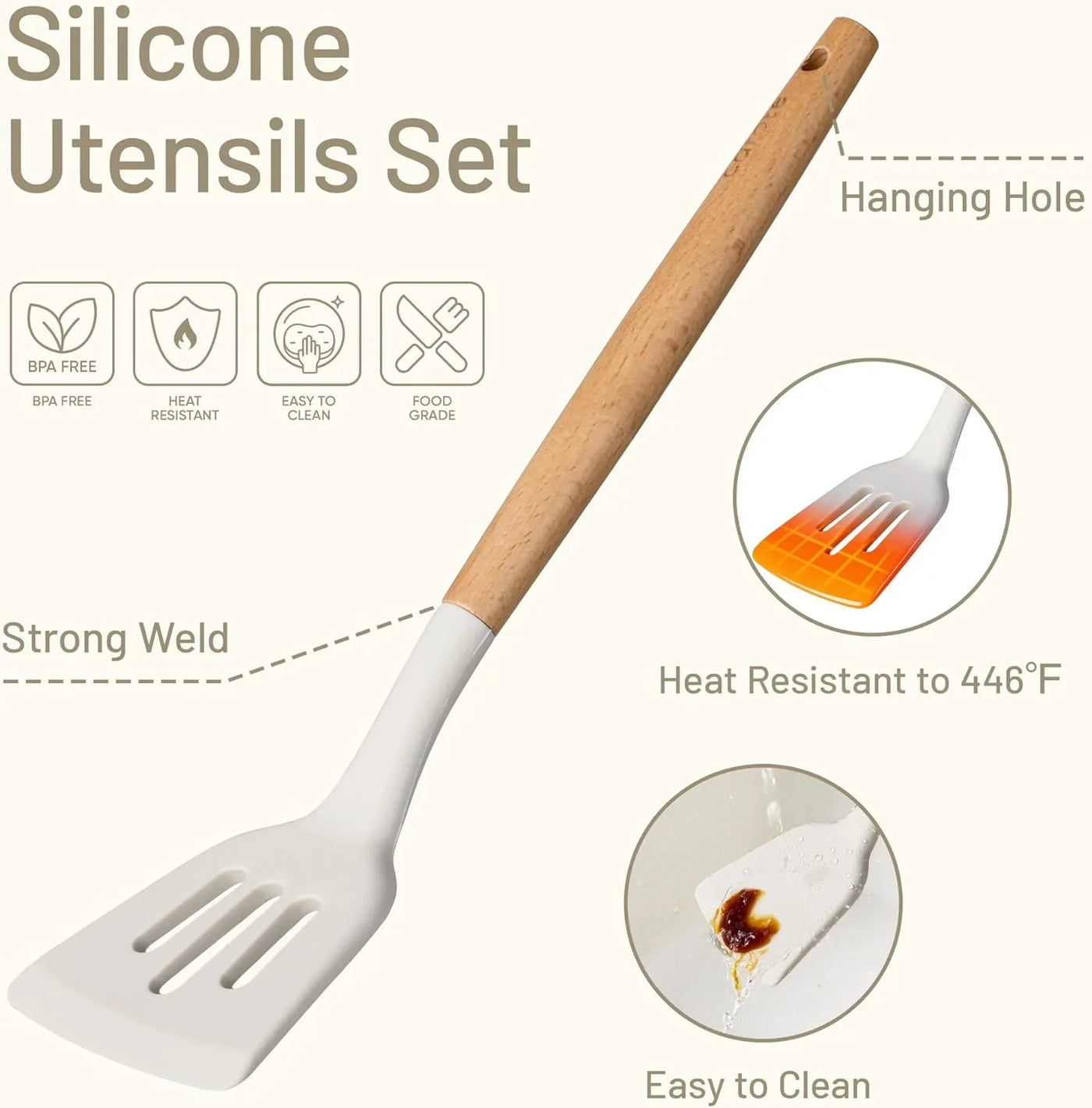 Silicone Cooking Utensils Set, Kitchen Utensils Set 10 Pcs for Cooking, BPA Free Spatula Set with Heat Resistant Wood Handles for Nonstick Cookware (Cream White)