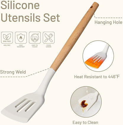 Silicone Cooking Utensils Set, Kitchen Utensils Set 10 Pcs for Cooking, BPA Free Spatula Set with Heat Resistant Wood Handles for Nonstick Cookware (Cream White)