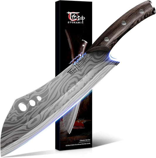 Butcher Knife for Meat Cutting, 10 Inch Cleaver with Herb Stripper, Japanese Style High Carbon Steel Kitchen Chef Knife for Chopping & Slicing, Full Tang Wood Handle, Damascus Pattern