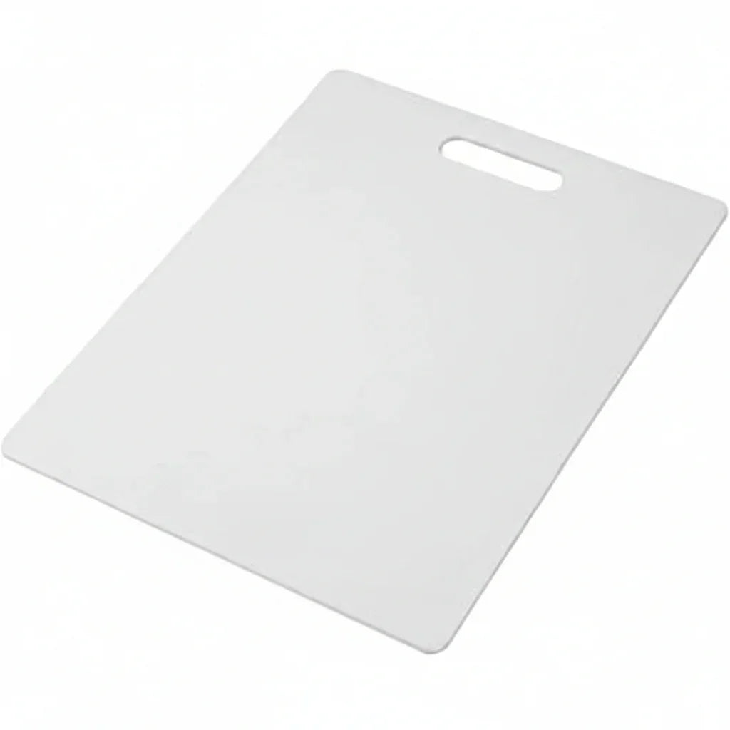 White plastic cutting board with handle for kitchen prep and food safety