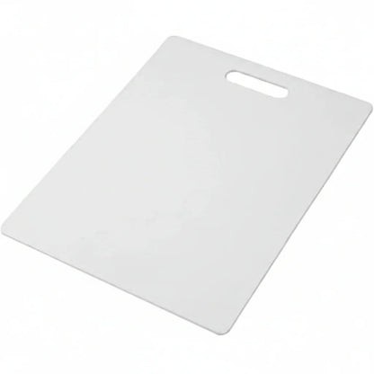 White plastic cutting board with handle for kitchen prep and food safety