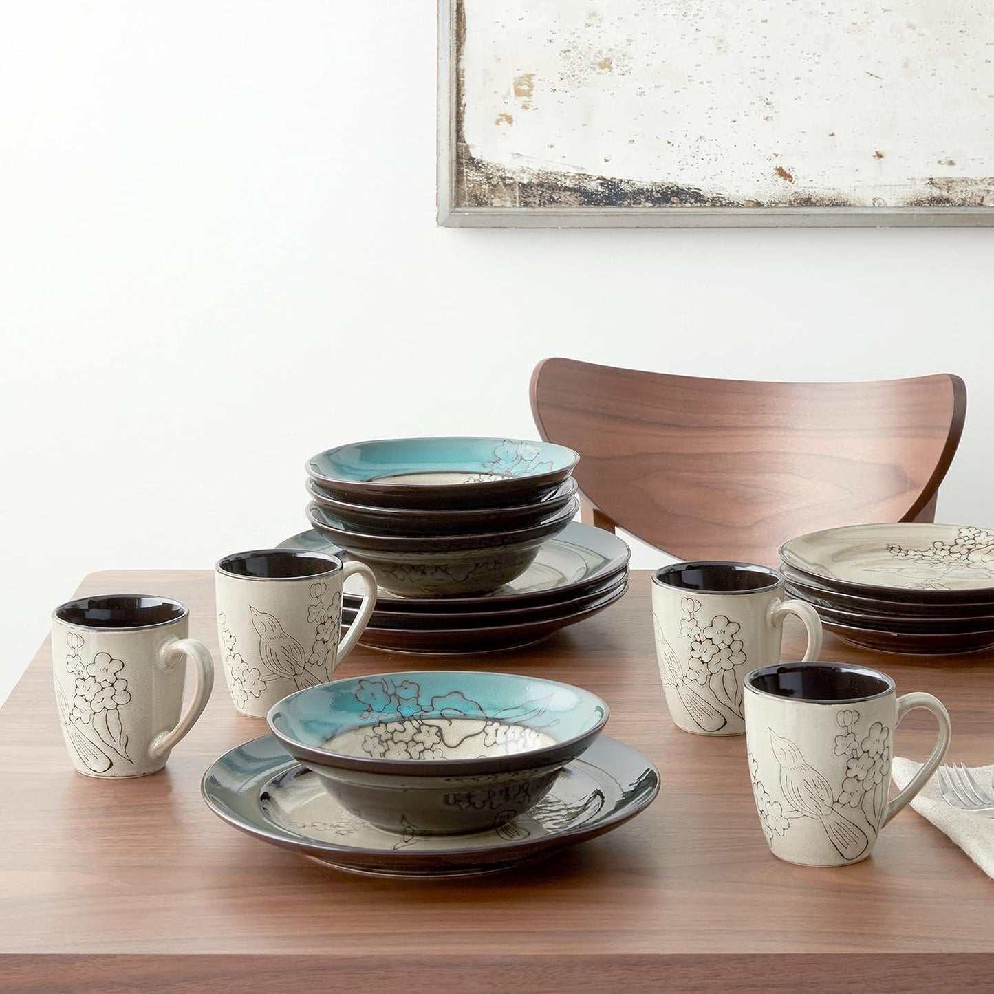 Song Bird Dinnerware Set, 16 Piece, Green, Gray