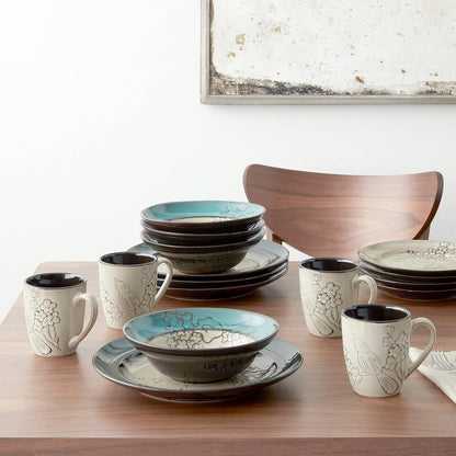 Song Bird Dinnerware Set, 16 Piece, Green, Gray