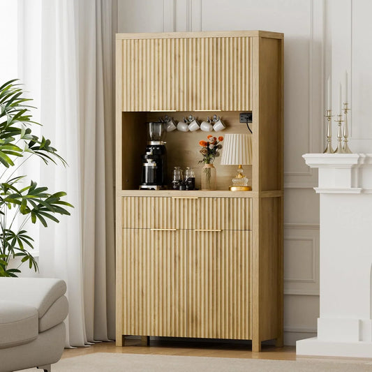 71" Fluted Pantry Cabinet with Charging Station & Adjustable Shelves, Spacious Kitchen Storage Cabinet with Open Countertop & Drawer for Dining Room, Living Room, Natrual