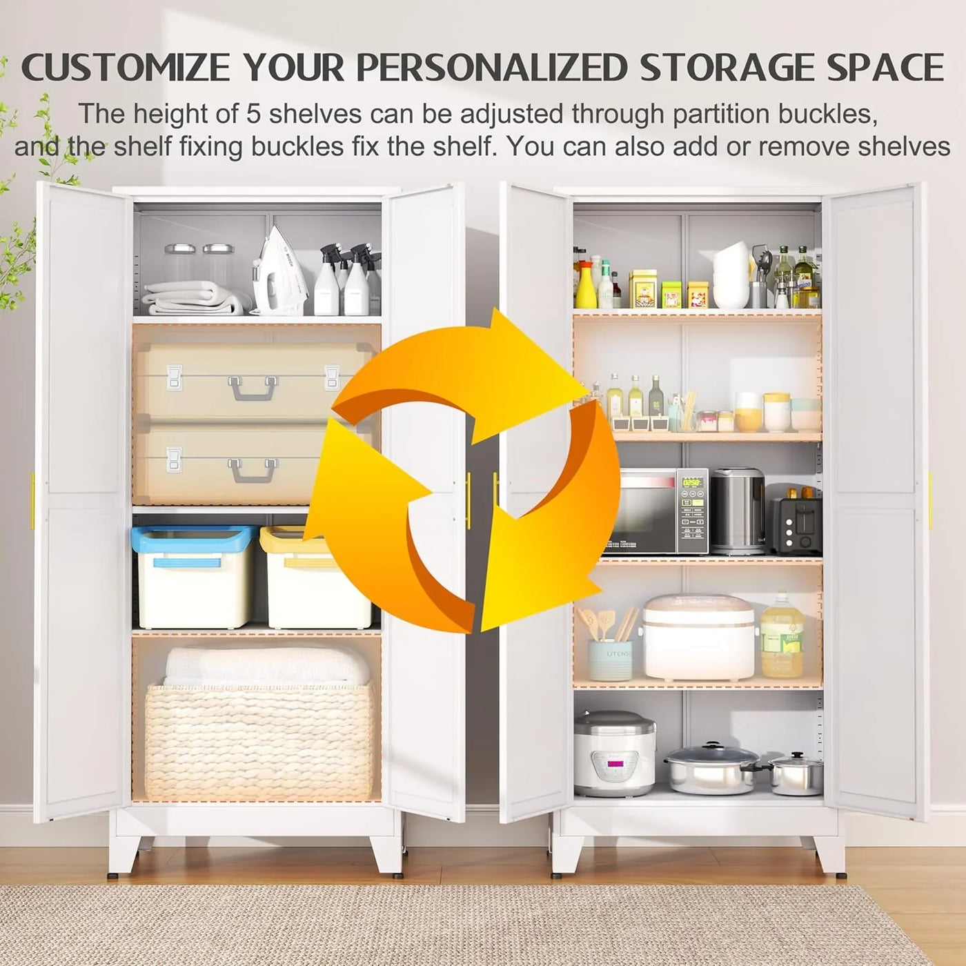 75.2" Tall Metal Kitchen Pantry Storage Cabinets with 2 Door and 5 Adjustable Shelves, Cupboard for Kitchen, Dining Room, Living Room and Bathroom, White