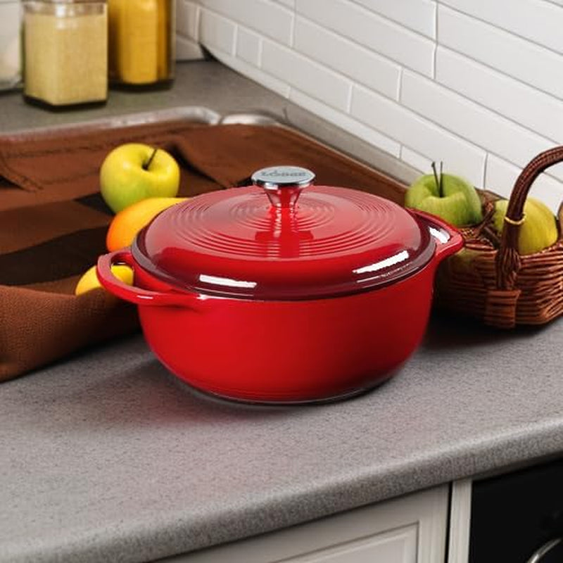 4.5 Quart Enameled Cast Iron Dutch Oven with Lid – Dual Handles – Oven Safe up to 500° F or on Stovetop - Use to Marinate, Cook, Bake, Refrigerate and Serve – Island Spice Red