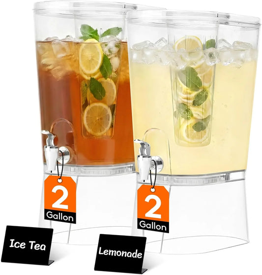 2 Gallon Drink Dispenser for Parties 2 Pcs, Large Plastic Beverage Container for Juice/Tea/Soda with Stand & Ice Core, Clear Lemonade Dispenser with Spigot, BPA Free Water Pitcher for Hosting
