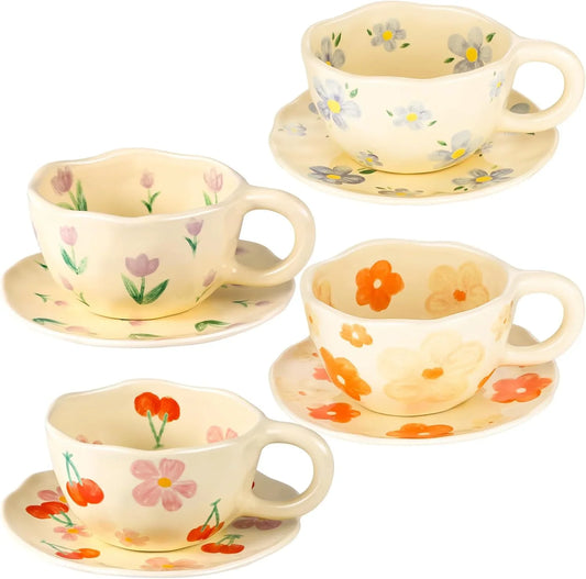 Cappuccino Cup with Saucers Set of 4 Ceramics Coffee Mugs 8 Oz Latte Art Cup Vintage Aesthetic Flower Barista Cups for Americano, Tea, Espresso,Mocha, Milk - Microwave and Dishwasher Safe
