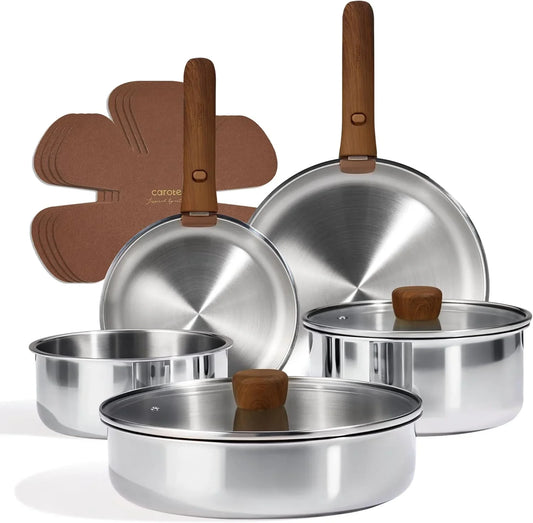 13 PCS Tri-Ply Stainless Steel Cookware Set with Detachable Handle, Pots and Pans Set, Induction Kitchen Cooking Sets, Rv/Camping Cookware, Oven Safe