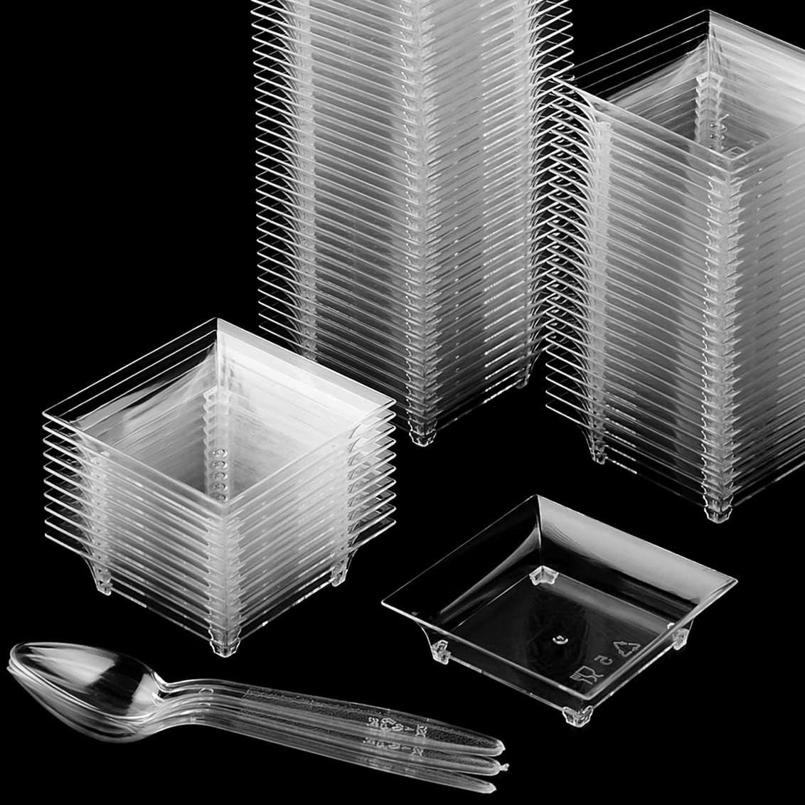 100Ct Mini Dessert Plates with Tasting Spoons, 2.5 Inch Small Reusable Clear Plastic Square Party Serving Hors D'Oeuvres Plates for Appetizers (Square)