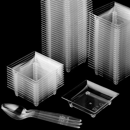 100Ct Mini Dessert Plates with Tasting Spoons, 2.5 Inch Small Reusable Clear Plastic Square Party Serving Hors D'Oeuvres Plates for Appetizers (Square)