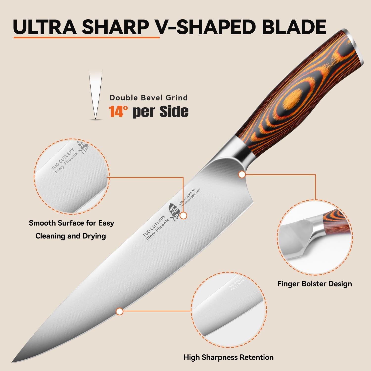 Chef Knife, 8 Inch Sharp Kitchen Knife with Pakkawood Handle, High Carbon Steel, Professional for Chopping & Dicing, Gift Box - Fiery Phoenix Series