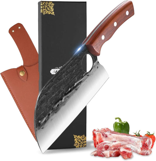 8'' Serbian Butcher Knife Hand Forged Meat Cleaver with Ergonomic Wood Handle for Kitchen, Outdoor Cooking, BBQ and Camping