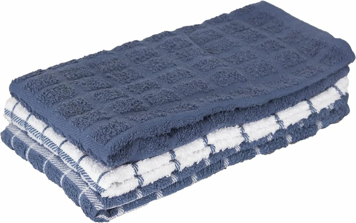 Premium 100% Cotton Terry Check Kitchen Dish Towels - Highly Absorbent, Super Soft, Long-Lasting, 25"X15", 3-Pack, Federal Blue