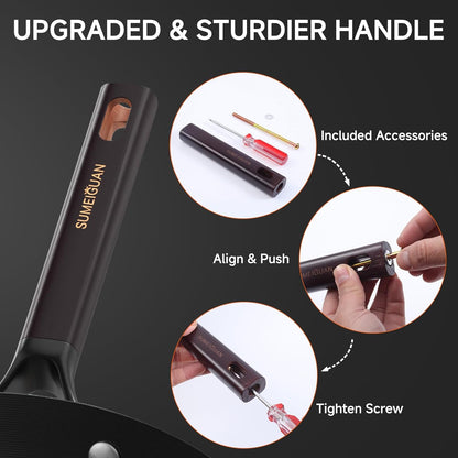 13.5" Carbon Steel Wok Pan - Pre-Seasoned Flat Bottom Woks & Stir-Fry Pans Chinese Cookware with Lid & Spatula - for Pan-Fry,Stir Fry, Steam, BBQ & Camping - Compatible with Induction, Gas