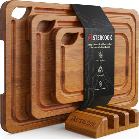 Bamboo cutting boards with deep carbonized technology, eco-friendly, strong & durable, includes storage rack