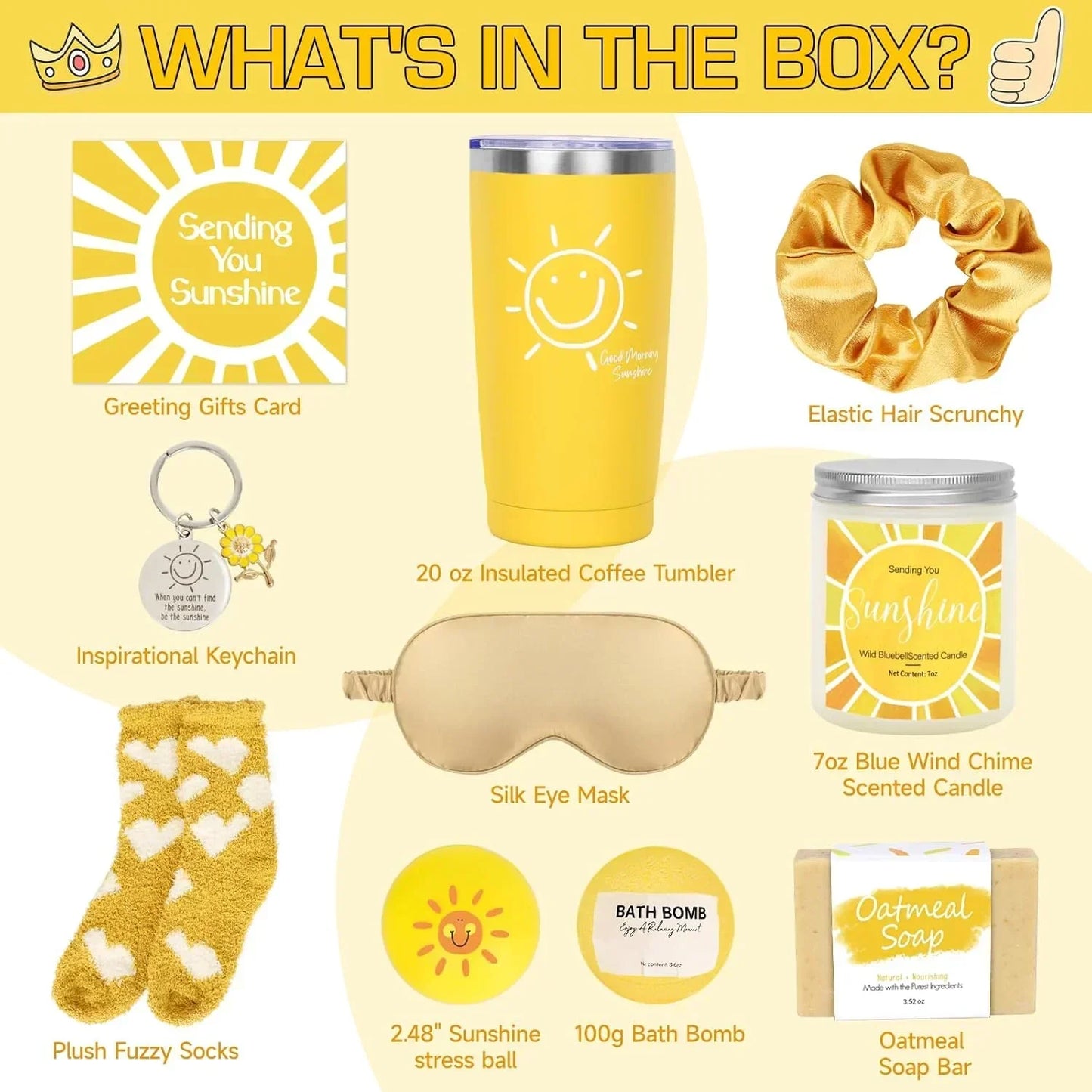 Sunshine-themed gift box with tumbler, scented candle, eye mask, socks, bath bomb, soap, scrunchie, and card