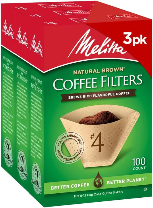#4 Cone Coffee Filters, Natural Brown, 100 Count (Pack of 3), 300 Total Filters - Fits All 8-12 Cup Cone Coffee Makers and Pour-Overs, Compostable, Tear-Resistant