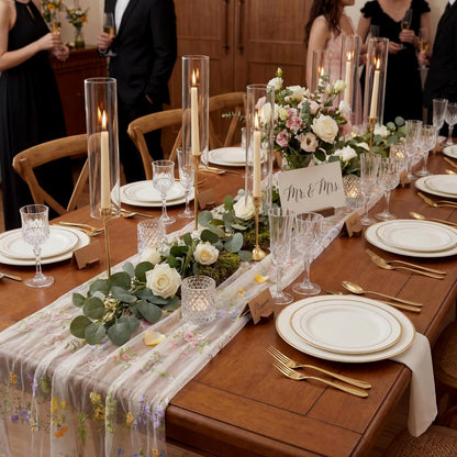 Ivory White Floral Table Runner 10Ft Embroidery Tulle Spring Wildflower Table Runner Seasonal Summer Butterfly Kitchen Dining Gauze Decoration for Wedding Baby Shower Birthday Party (1 Pcs)