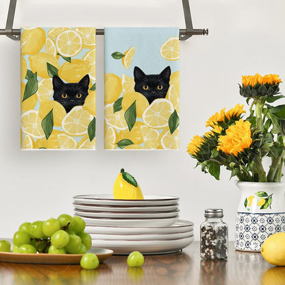 Yellow Lemon Black Cat Summer Kitchen Towels Dish Towels, 18X26 Inch Leaves Farmhouse Summer Seasonal Decoration Hand Towels Set of 2