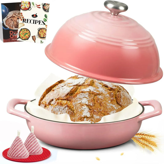 Enameled Cast Iron Bread Oven - 6QT Bread Dutch Oven for Sourdough Baking - Bread Pot with Dome Lid Cotton Potholders & Cookbook - Multi-Functional Bread Pan for Baking Frying Roasting