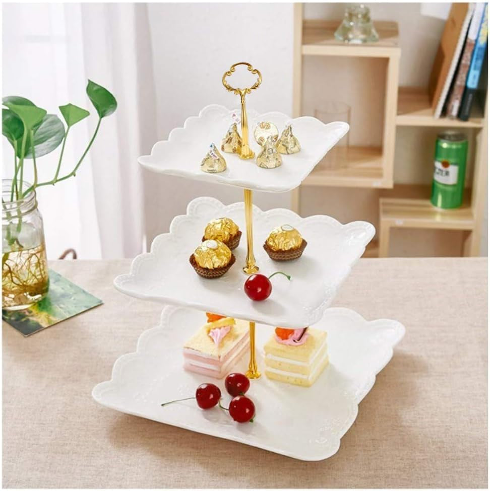 3 Tier Porcelain Cupcake Stand, Tiered Serving Cake Stand, Square White Embossed Dessert Stand, Weddings Parties Pastry Serving Tray