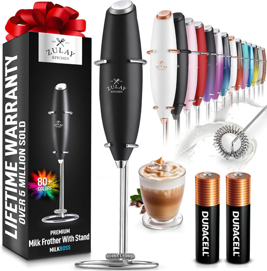 Powerful Milk Frother Wand with 2 Duracell Batteries - Ultra Fast Handheld Drink Mixer - Electric Whisk Foam Maker for Coffee, Lattes, Cappuccino, Matcha, Hot Chocolate & Creamer - Black