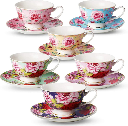 Btat- Tea Cups and Saucers, Set of 6, 8 Oz, Floral Design, Porcelain Tea Cup Sets, Dishwasher Safe