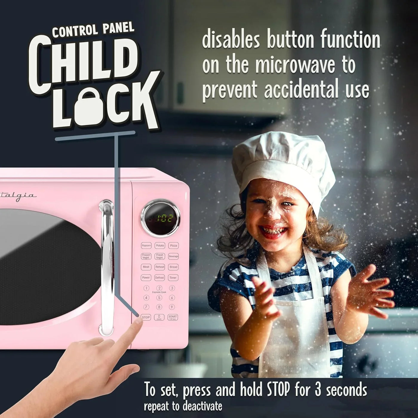 Retro Microwave Oven - 0.7 Cu Ft, 700-Watt Countertop Size with Glass Turntable, Child Safety Lock, 8 Auto-Cook Programs, Digital Clock - Pink