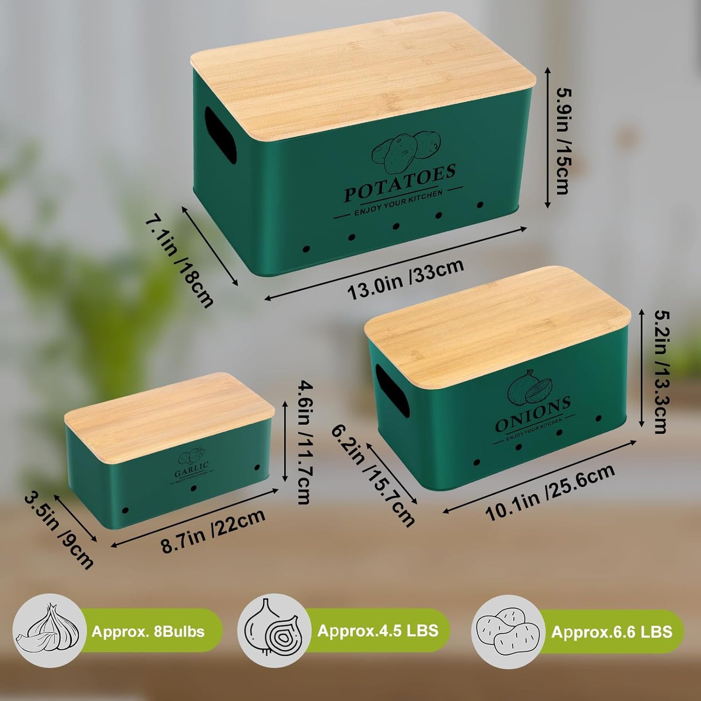 Kitchen Vegetable Storage Set of 3, Metal Onion Garlic Potato Storage Set, Kitchen Canisters Vegetable Keeper Containers with Aerating Holes and Wooden Lid (Alpine Green)