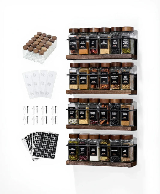 4-Tier Wall Mount Spice Rack Organizer with 24 Glass Jars, 216 Labels & Funnel - Screw/Adhesive Mount, Black Metal & Wood Spice Storage for Kitchen Pantry Cabinet, 11.6”L X 2.4”W X 3.2”H