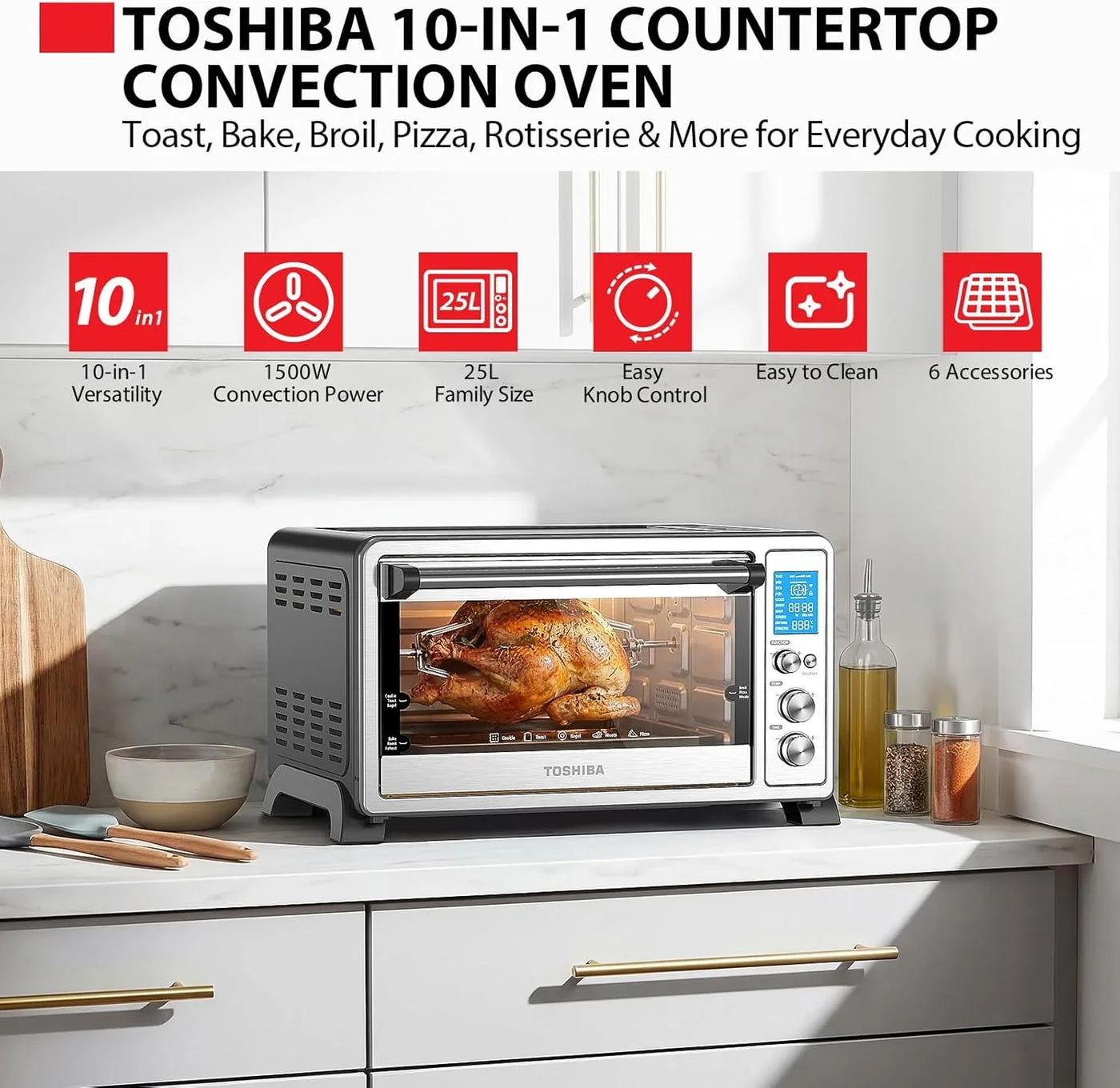 10-In-1 Convection Toaster Oven, 6-Slice Countertop Oven, 1500W with Toast, Bake, Broil, Rotisserie & Pizza Functions, LCD Knob Controls, 6 Accessories, Stainless Steel