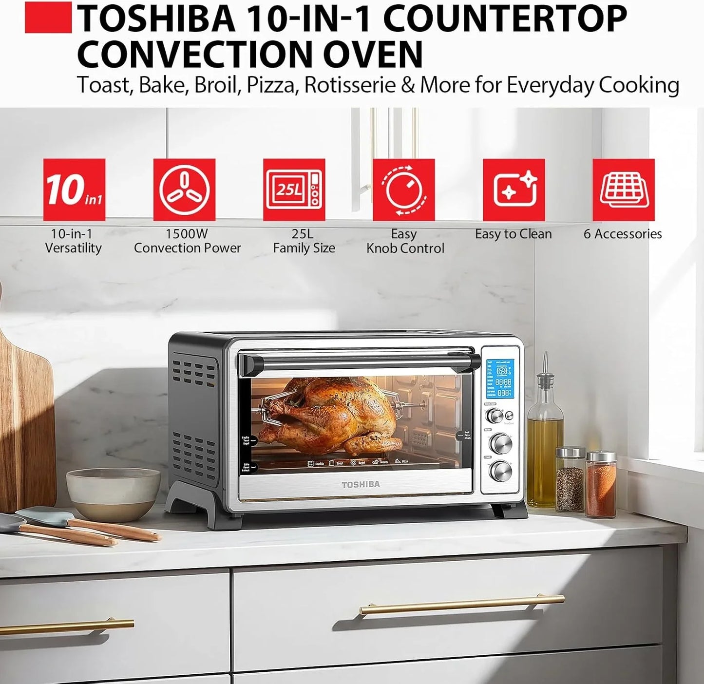 10-In-1 Convection Toaster Oven, 6-Slice Countertop Oven, 1500W with Toast, Bake, Broil, Rotisserie & Pizza Functions, LCD Knob Controls, 6 Accessories, Stainless Steel
