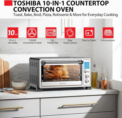 10-In-1 Convection Toaster Oven, 6-Slice Countertop Oven, 1500W with Toast, Bake, Broil, Rotisserie & Pizza Functions, LCD Knob Controls, 6 Accessories, Stainless Steel