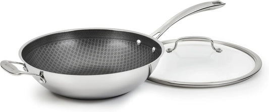 Fusionplus Hybrid Nonstick Stainless Steel Cookware, 12-Inch Wok Pan with Cover and Helper, Pfas-Free PURELYSEAR Ceramic Technology, Scratch Proof, Cool Grip Handles, Dishwasher Safe