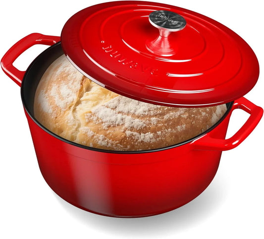 6QT Healthy Enameled Cast Iron Dutch Oven Pot with Lid, Heavy Duty 7-Layer Enamel, Enhanced Rust Protection, Dual Handles, Oven Safe to 500°F for Sourdough Bread Baking, Braise, Stew, Roast