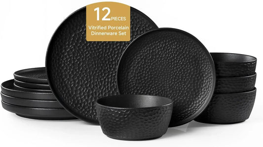 Ceramic Dinnerware Set, 12-Piece Porcelain Plates and Bowls Set for 4, Matte Black or White, Hammered Texture, Microwave, Dishwasher & Oven Safe, Perfect for Home, Weddings & Gifts