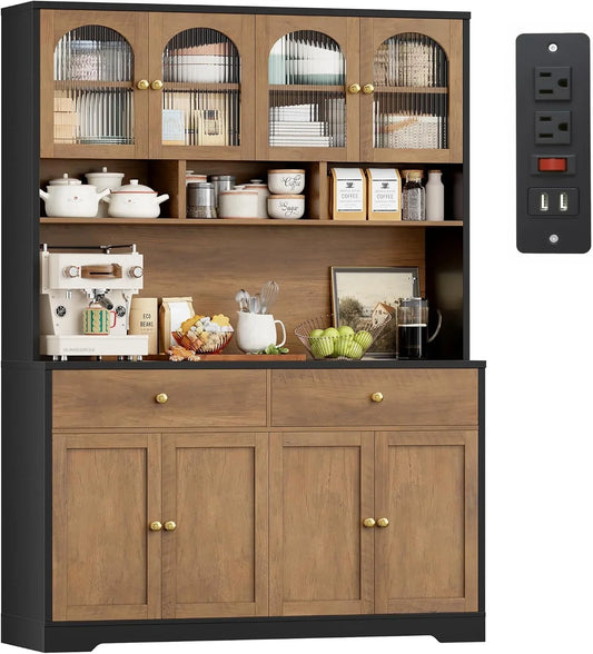 71" Pantry Cabinet, Tall Kitchen Pantry Storage Cabinet with Charging Station, 47.2" Wide Kitchen Hutch Food Storage Cabinets with Open Countertop for Dining Room, Black/Brown