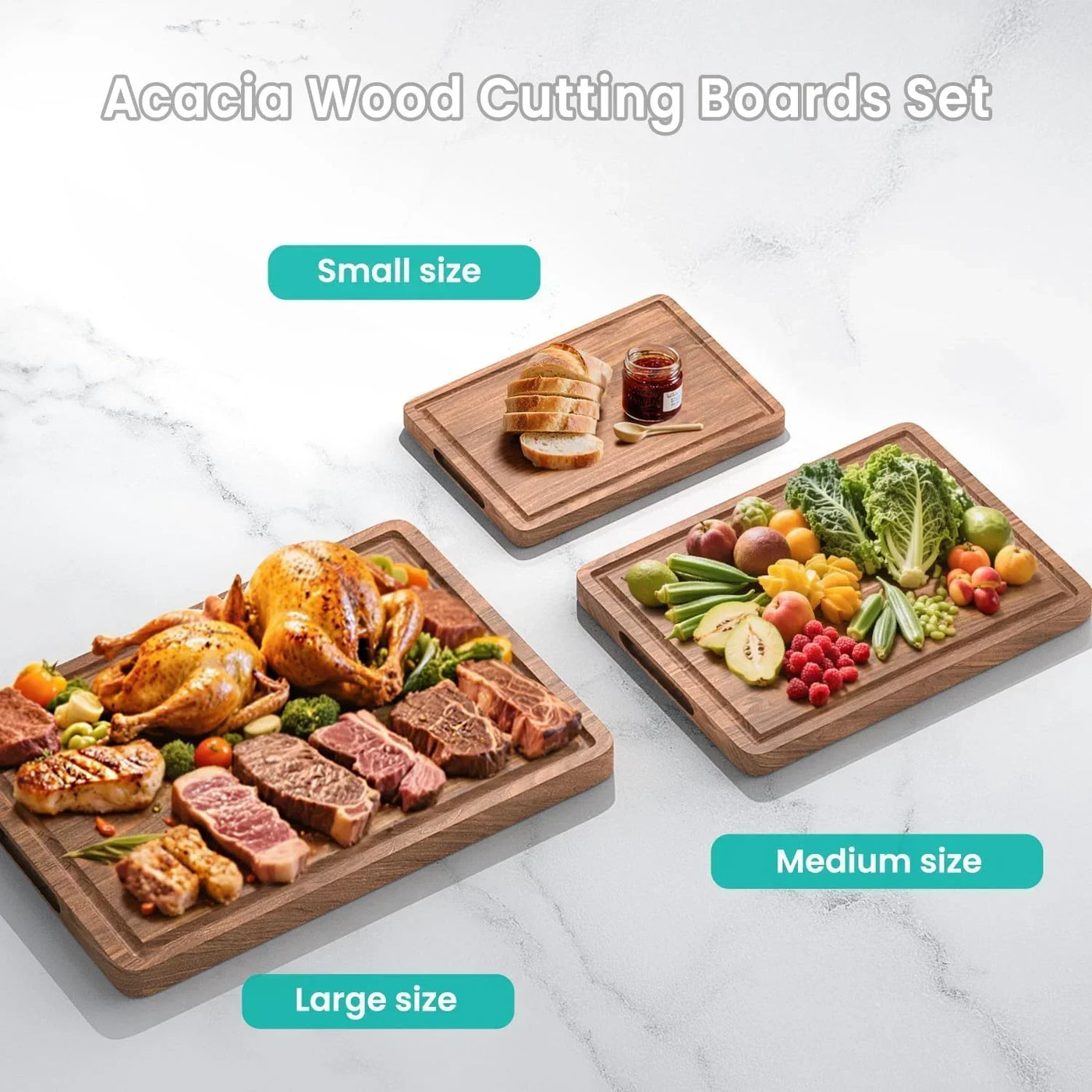 Acacia wood cutting boards set in small, medium, large sizes with meats, veggies, bread for kitchen prep