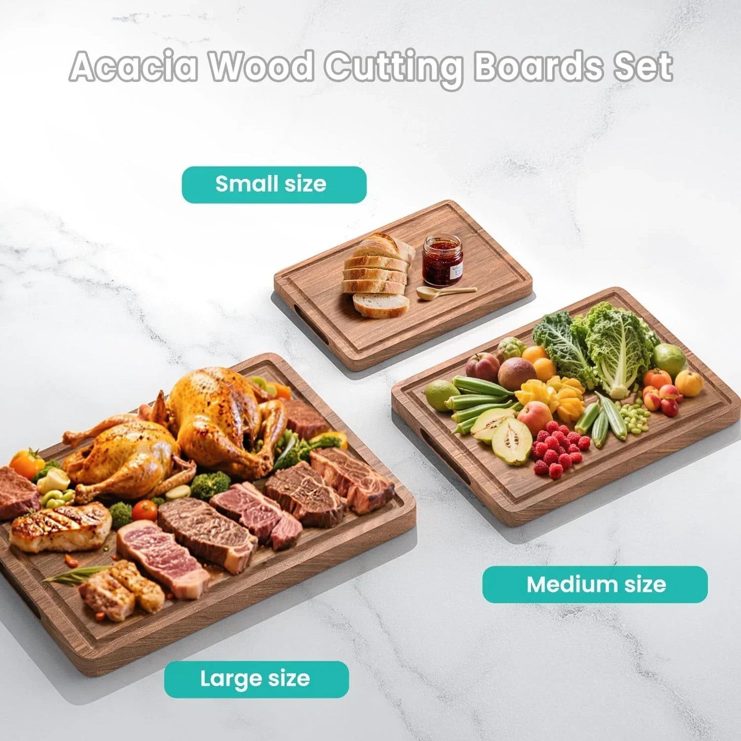 Acacia wood cutting boards set in small, medium, large sizes with meats, veggies, bread for kitchen prep