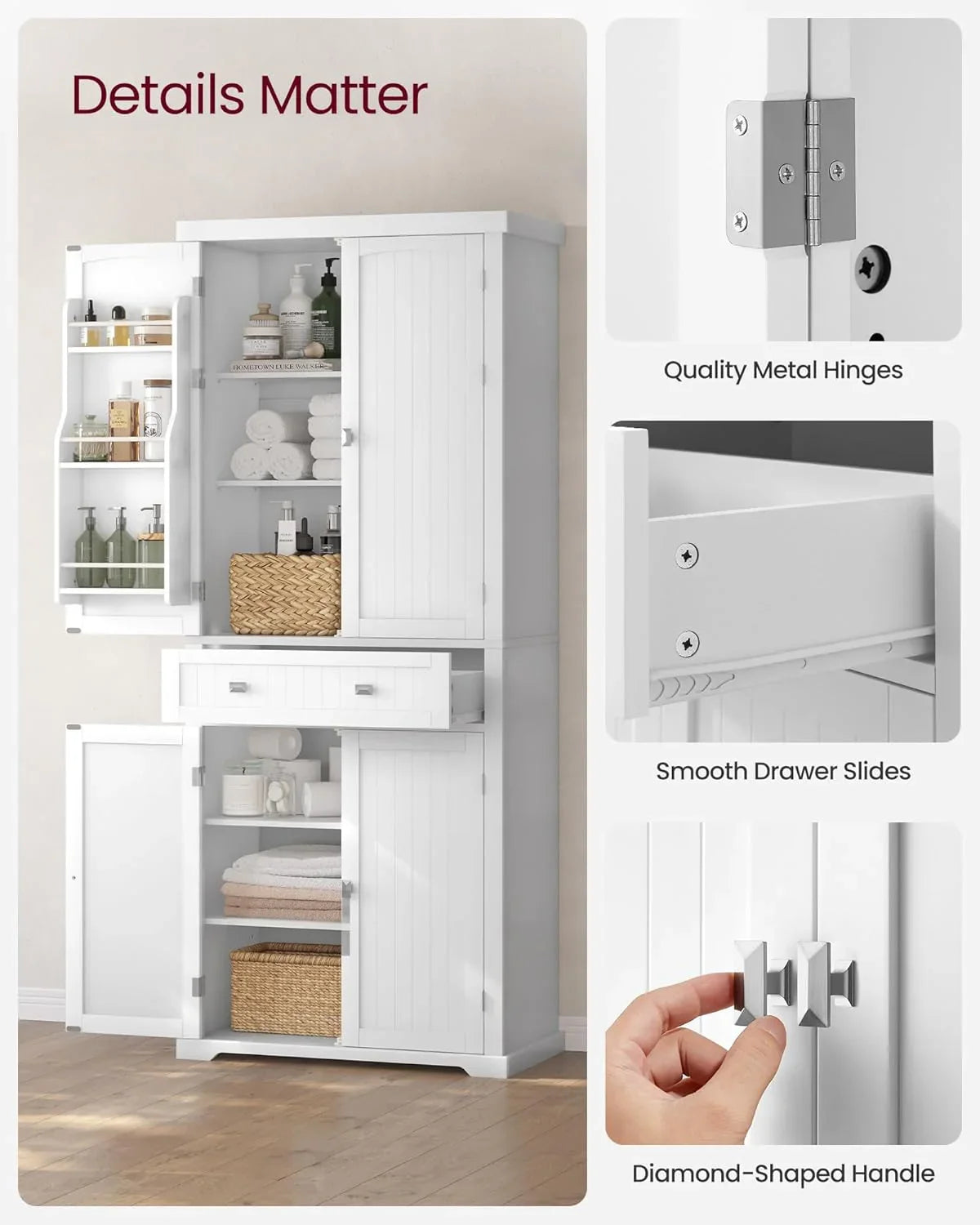 Pantry Cabinet, 71.7-Inch High Freestanding Tall Cupboard Storage Cabinet with a Drawer, 2 Cabinets, 4 Adjustable Shelves, 6 Door Shelves, for Living Room, Kitchen, White UBBC561P31V2