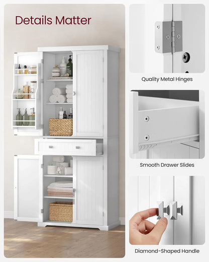 Pantry Cabinet, 71.7-Inch High Freestanding Tall Cupboard Storage Cabinet with a Drawer, 2 Cabinets, 4 Adjustable Shelves, 6 Door Shelves, for Living Room, Kitchen, White UBBC561P31V2