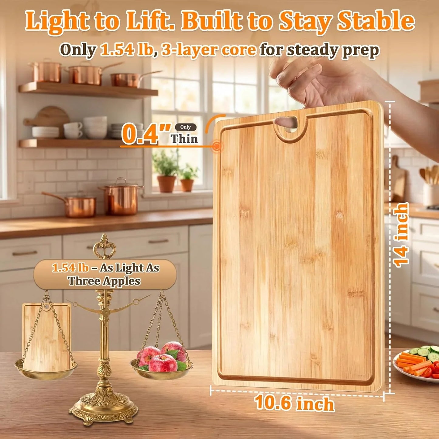 Easy-Clean Dishwasher-Safe Bamboo Cutting Board: 14×10.6 Inch Lightweight Reversible for Kitchen Meat & Serving - Durable Chopping Board with Juice Groove & Hanging Hole for Easy Storage