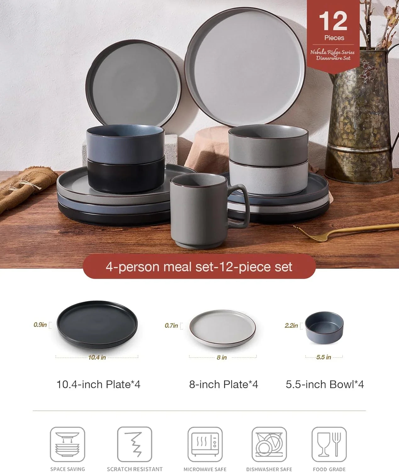 Nebula Ridge Stoneware Dinnerware Sets, Plates and Bowls Sets for 4, 12 Pieces Dishes Set, Microwave and Dishwasher Safe Kitchen Plates, Multi-Color